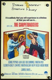 2t064 CARPETBAGGERS window card poster '64 great romantic image of George Peppard & Carroll Baker!