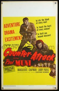 2t082 COUNTER-ATTACK window card '45 Paul Muni & Marguerite Chapman fight the Nazis in World War II!