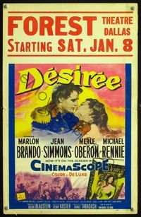 2t094 DESIREE window card movie poster '54 romantic artwork of Marlon Brando & Jean Simmons!