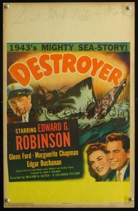 2t096 DESTROYER window card '43 Navy sailor Edward G. Robinson in WWII, art of crashing ships!