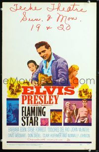 2t121 FLAMING STAR style B window card poster '60 art of Elvis Presley playing guitar, Barbara Eden