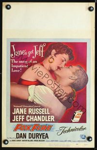 2t124 FOXFIRE window card poster '55 close up artwork of sexy Jane Russell kissing Jeff Chandler!