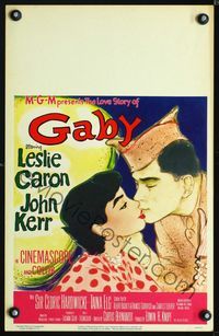 2t128 GABY window card poster '56 wonderful close up art of soldier John Kerr kissing Leslie Caron!