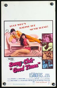 2t141 GOOD TIMES window card '67 first William Friedkin, great image of young Sonny & Cher on couch!