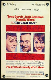 2t145 GREAT RACE window card '65 headshots of Tony Curtis, Jack Lemmon & Natalie Wood, Blake Edwards
