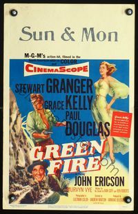 2t147 GREEN FIRE window card poster '54 art of beautiful full-length Grace Kelly & Stewart Granger!