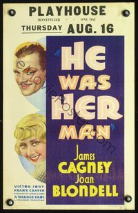 2t160 HE WAS HER MAN window card '34 great smiling headshots of James Cagney & pretty Joan Blondell!