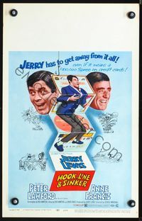 2t174 HOOK, LINE & SINKER window card '69 Peter Lawford, Jerry Lewis has to get away from it all!