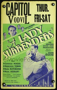 2t216 LADY SURRENDERS window card movie poster '30 Conrad Nagel carries Genevieve Tobin down stairs!