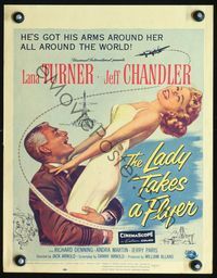 2t218 LADY TAKES A FLYER window card poster '58 art of Jeff Chandler carrying sexy Lana Turner!