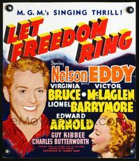 2t229 LET FREEDOM RING window card poster '39 art of smiling Nelson Eddy & pretty Virginia Bruce!