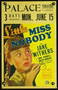 2t236 LITTLE MISS NOBODY window card '36 great close up of scared orphan Jane Withers with pigtails!