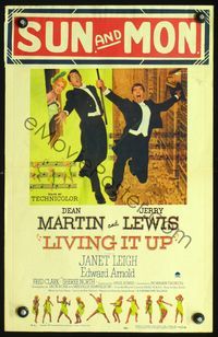2t238 LIVING IT UP window card '54 Dean Martin & Jerry Lewis wearing tuxedos, sexy Janet Leigh!