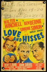 2t246 LOVE & HISSES window card '37 singing Simone Simon, Bert Lahr, Ben Bernie, Walter Winchell