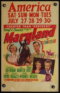 2t261 MARYLAND window card '40 Brenda Joyce, John Payne, Hattie McDaniel, cool horse racing image!