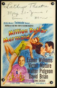 2t268 MILLION DOLLAR MERMAID window card '52 sexy swimmer Esther Williams in swimsuit & crown!