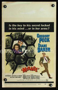 2t269 MIRAGE window card movie poster '65 cool artwork of Gregory Peck & Diane Baker!
