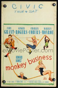 2t275 MONKEY BUSINESS window card '52 Cary Grant, Ginger Rogers, sexy Marilyn Monroe, Charles Coburn