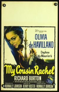 2t279 MY COUSIN RACHEL window card '53 artwork of pretty Olivia de Havilland & Richard Burton!