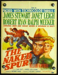 2t284 NAKED SPUR window card poster '53 art of strong man James Stewart & sexy bait Janet Leigh!