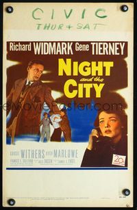 2t287 NIGHT & THE CITY window card '50 wrestling promoter Richard Widmark, Gene Tierney on phone!