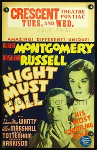2t288 NIGHT MUST FALL window card '37 killer Robert Montgomery keeps his victim's head in a hatbox!