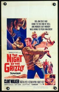 2t289 NIGHT OF THE GRIZZLY window card '66 big Clint Walker had come to the rim of Hell & held on!