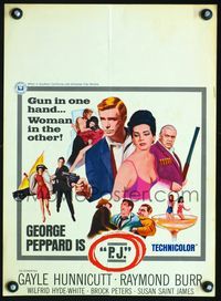 2t305 P.J. window card '68 George Peppard has a gun in one hand and a sexy woman in the other!