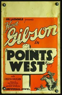 2t331 POINTS WEST window card '29 artwork of cowboy Hoot Gibson on horseback passing title sign!