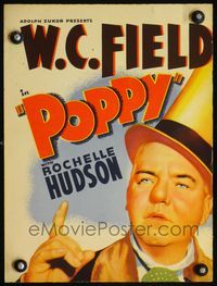 2t334 POPPY window card movie poster '36 wonderful close up art of W.C. Fields wearing top hat!
