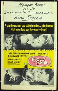 2t336 PORTRAIT IN BLACK window card movie poster '60 Lana Turner, Anthony Quinn & Sandra Dee!