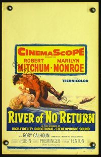 2t358 RIVER OF NO RETURN WC '54 great artwork of Robert Mitchum holding down sexy Marilyn Monroe!