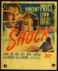 2t371 SHOCK window card movie poster '45 cool close up image of Vincent Price & pretty Lynn Bari!