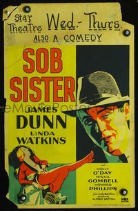 2t382 SOB SISTER WC '31 artwork of James Dunn staring at sexy Linda Watkins with leg outstretched!