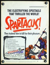 2t388 SPARTACUS window card movie poster '61 classic Stanley Kubrick & Kirk Douglas epic, cool art!