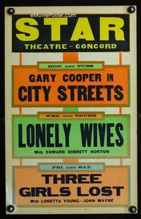 2t393 STAR THEATRE CONCORD local theater WC '31 Gary Cooper in City Streets, Wayne in 3 Girls Lost!
