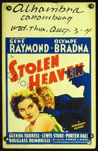 2t401 STOLEN HEAVEN window card '38 art of jewel thieves Gene Raymond & Olympe Bradna apprehended!
