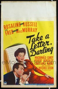 2t409 TAKE A LETTER DARLING window card '42 Rosalind Russell is secretary Fred MacMurray's boss!