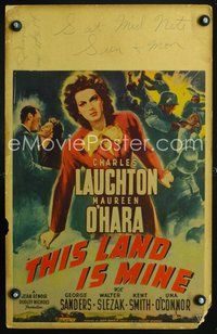 2t420 THIS LAND IS MINE WC '43 full-length art of sexy Maureen O'Hara, directed by Jean Renoir!