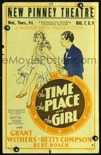 2t431 TIME, THE PLACE & THE GIRL WC '29 art of pretty Betty Compson being wooed on giant clock!