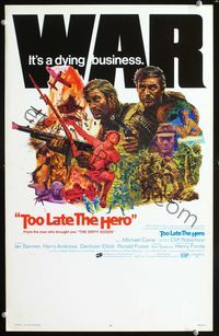 2t435 TOO LATE THE HERO WC '70 Robert Aldrich, cool art of Michael Caine & Cliff Robertson in WWII!