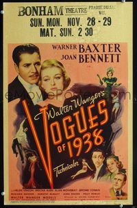 2t461 VOGUES OF 1938 window card movie poster '37 Warner Baxter & pretty Joan Bennett!