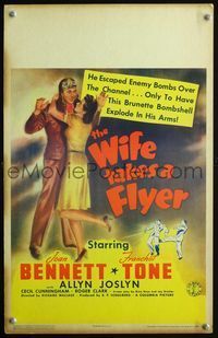 2t484 WIFE TAKES A FLYER window card '42 brunette bombshell Joan Bennett loves pilot Franchot Tone!