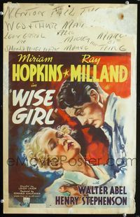 2t488 WISE GIRL window card '37 great full art of artist Ray Milland grabbing pretty Miriam Hopkins!