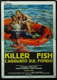 2u034 KILLER FISH Italian two-panel '79 great horror art of man with bloody leg & sexy girl in raft!