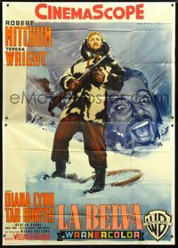 2u072 TRACK OF THE CAT Italian two-panel '54 art of Robert Mitchum in snow with rifle by Martinati!