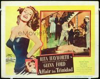 2v012 AFFAIR IN TRINIDAD movie lobby card '52 Glen Ford unconscious on floor, sexy Rita Hayworth!