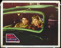 2v066 CRY OF THE CITY lobby card #5 '48 close up of Richard Conte & pretty Shelley Winters in car!