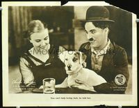 2v079 DOG'S LIFE lobby card '18 great close image of Charlie Chaplin, Edna Purviance & Jack the dog!