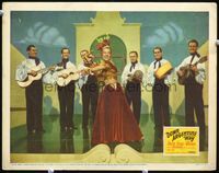 2v082 DOWN ARGENTINE WAY lobby card '40 sexy Carmen Miranda in wacky hat dancing in front of band!
